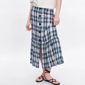 NWT Zara Linen Plaid Skirt with Faux Buttons